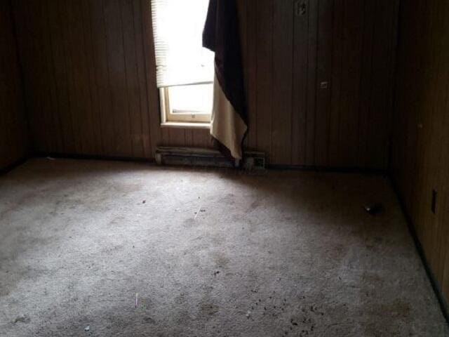 carpeted spare room with wood walls