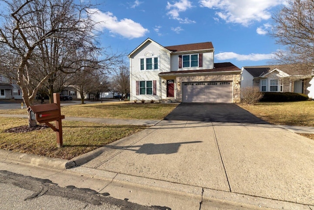 traditional-style house with stone siding, aphalt driveway, and a front yard