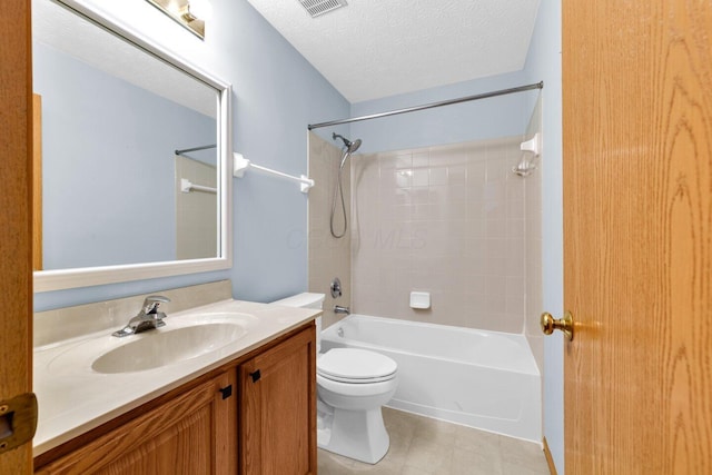 full bath with a textured ceiling, shower / tub combination, toilet, visible vents, and vanity