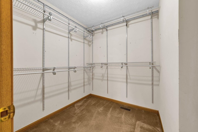 walk in closet with visible vents and dark colored carpet