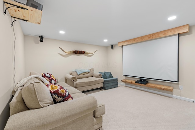 home theater with baseboards, carpet flooring, and recessed lighting