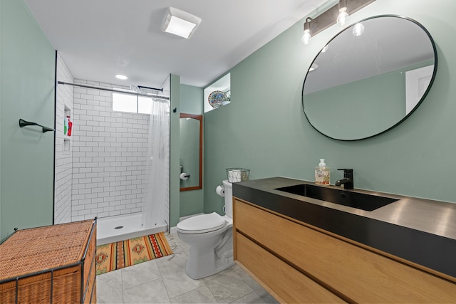 full bath featuring toilet, a stall shower, tile patterned floors, and vanity