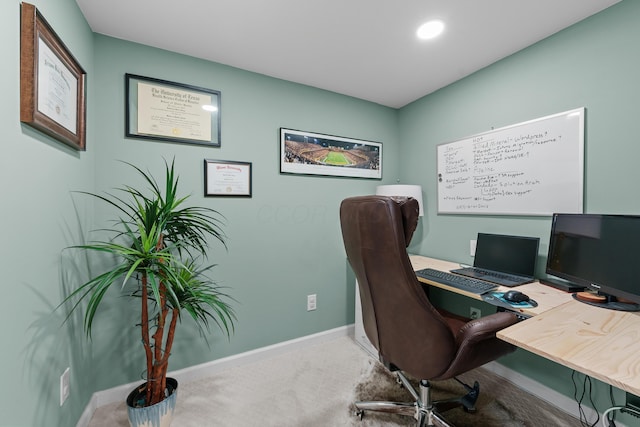 office area featuring carpet, baseboards, and recessed lighting