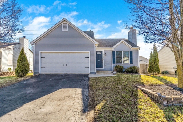 ranch-style house with fence, driveway, an attached garage, a chimney, and a front lawn