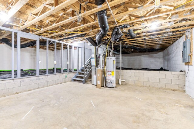 unfinished below grade area featuring gas water heater and electric panel