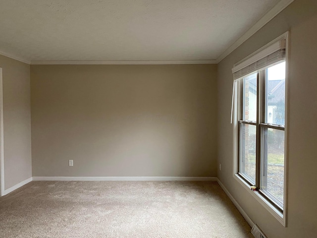 spare room featuring baseboards, carpet floors, and ornamental molding