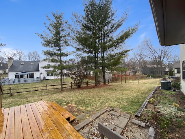 view of yard featuring central air condition unit and fence