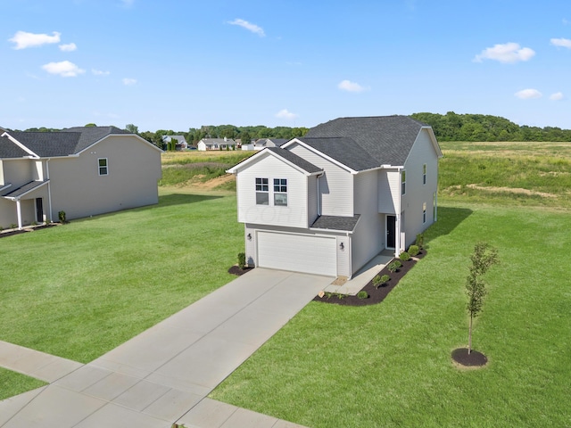 view of front facade featuring a garage, a front lawn, roof with shingles, and driveway