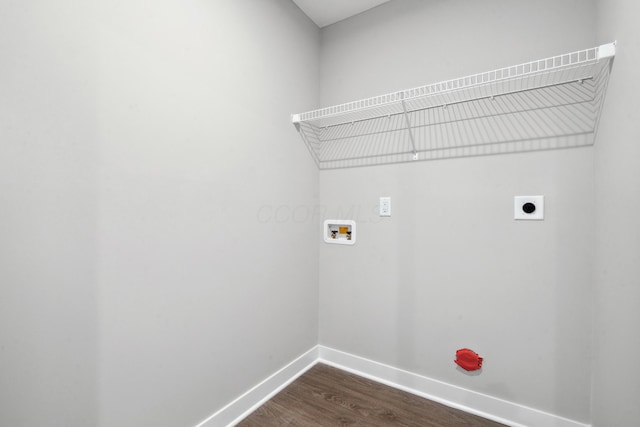 washroom with dark wood-type flooring, baseboards, washer hookup, laundry area, and electric dryer hookup