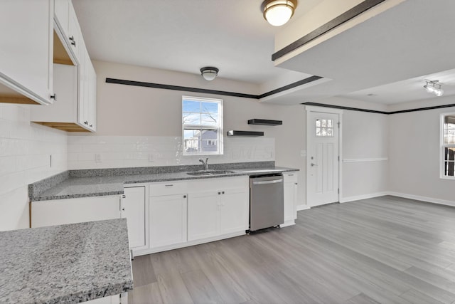 kitchen with a sink, white cabinetry, backsplash, and dishwasher