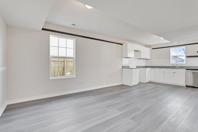 kitchen featuring baseboards, white cabinets, light wood-style flooring, and stainless steel dishwasher