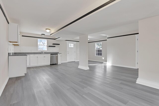 kitchen with light wood-type flooring, plenty of natural light, white cabinets, and stainless steel dishwasher