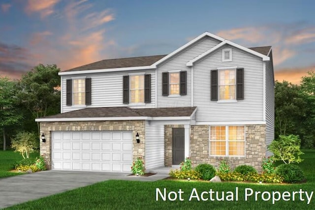 view of front of property featuring stone siding, roof with shingles, concrete driveway, and an attached garage