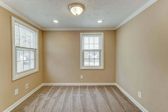 spare room with carpet, crown molding, a textured ceiling, and baseboards