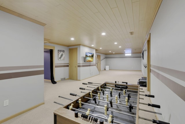 recreation room featuring baseboards, wood ceiling, ornamental molding, carpet, and recessed lighting