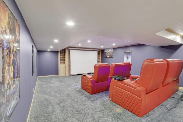 home theater featuring baseboards, carpet floors, and recessed lighting