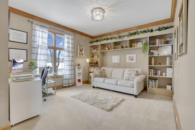 living area with carpet, ornamental molding, and baseboards