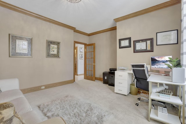 office featuring light carpet, baseboards, ornamental molding, and french doors