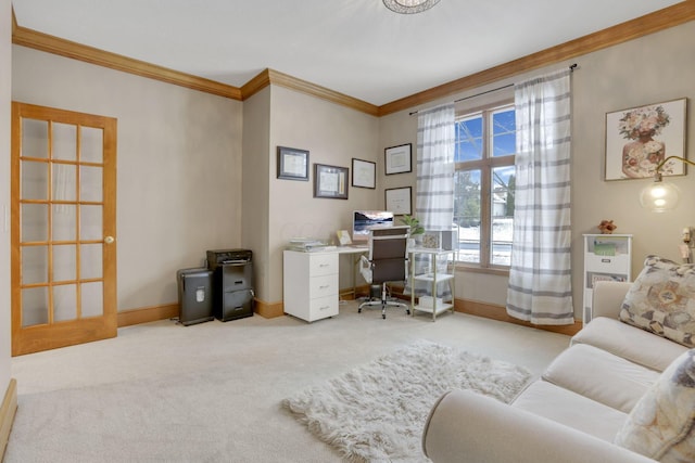 carpeted home office featuring baseboards and ornamental molding