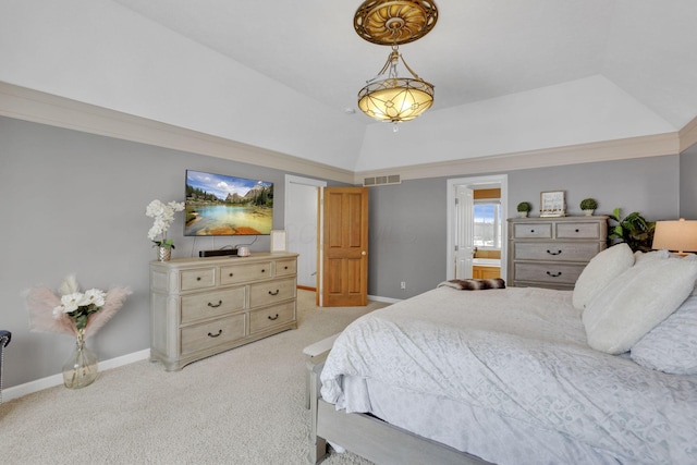 bedroom featuring light carpet, vaulted ceiling, visible vents, and baseboards