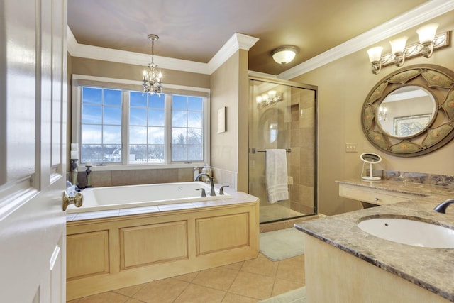 full bath featuring a chandelier, tile patterned flooring, ornamental molding, a shower stall, and a bath