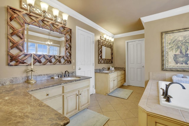 full bath featuring ornamental molding, a sink, tile patterned flooring, a chandelier, and two vanities