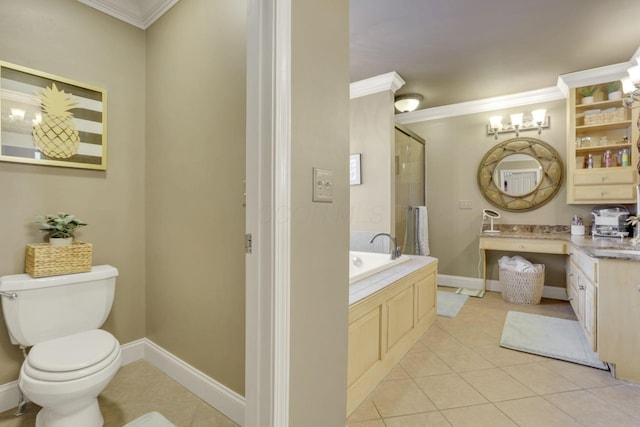 full bath featuring toilet, tile patterned floors, crown molding, vanity, and a shower stall