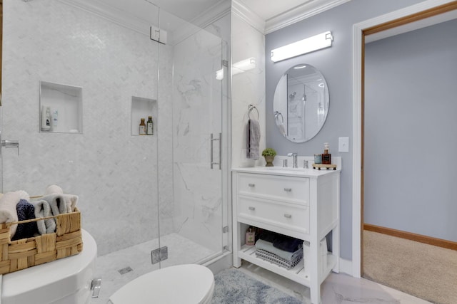 full bath featuring marble finish floor, ornamental molding, a marble finish shower, and baseboards