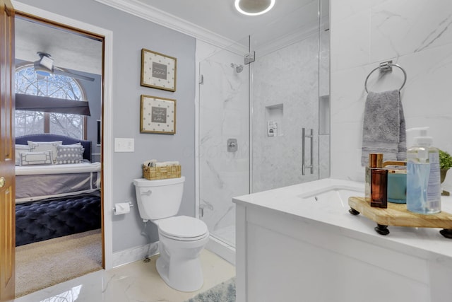 full bathroom with marble finish floor, a marble finish shower, toilet, ornamental molding, and vanity