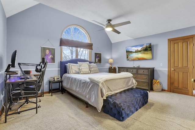 bedroom featuring lofted ceiling, carpet flooring, and baseboards