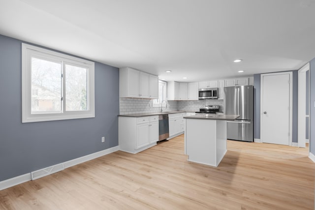 kitchen featuring baseboards, light wood finished floors, stainless steel appliances, white cabinetry, and tasteful backsplash