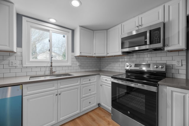 kitchen with white cabinetry, stainless steel appliances, and a sink