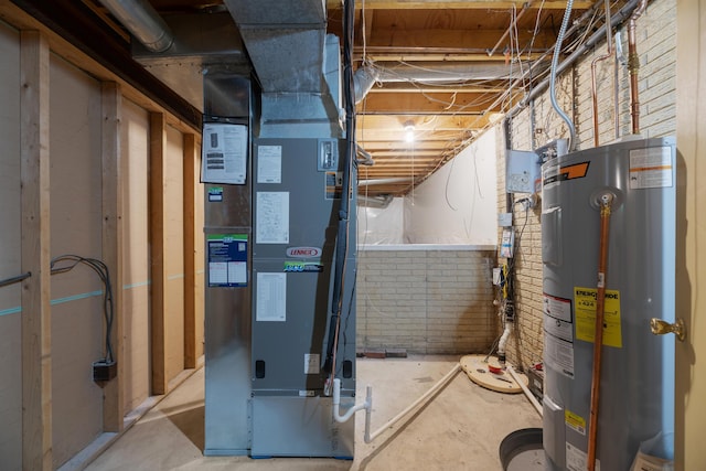 utility room featuring water heater and heating unit