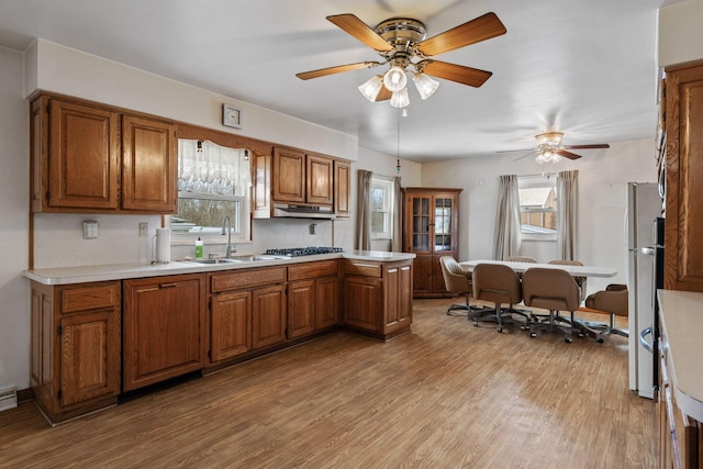 kitchen with a sink, light wood-style floors, light countertops, freestanding refrigerator, and brown cabinetry