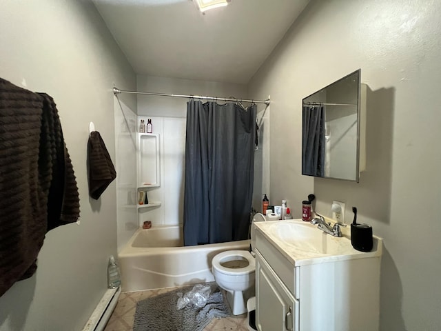 full bathroom featuring shower / bathtub combination with curtain, vanity, toilet, and tile patterned floors