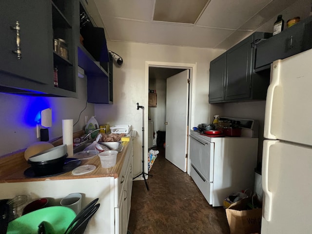 kitchen with stove, a sink, and freestanding refrigerator