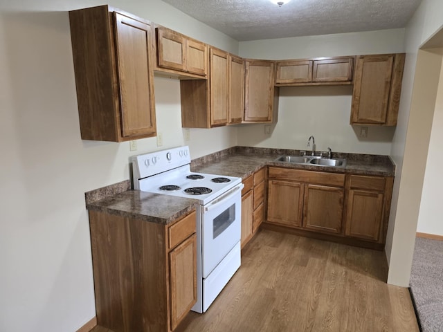 kitchen with a sink, white range with electric cooktop, dark countertops, and wood finished floors