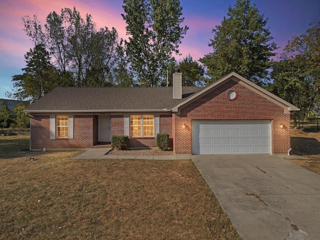 ranch-style house with brick siding, a chimney, concrete driveway, an attached garage, and a front lawn