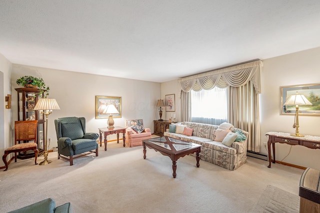 carpeted living area featuring baseboards and baseboard heating