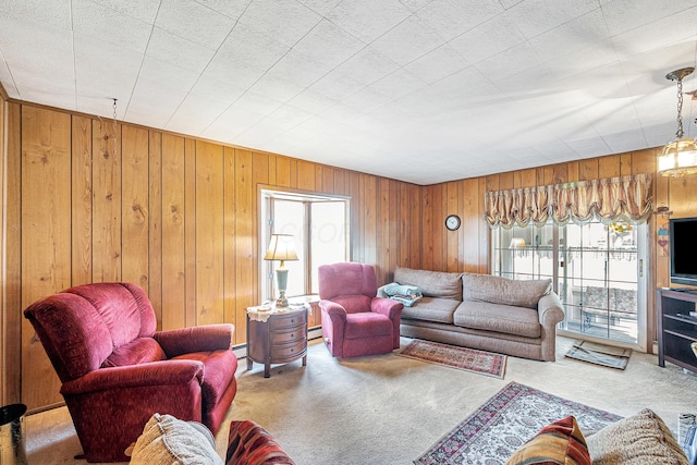 carpeted living area featuring wood walls and a baseboard radiator