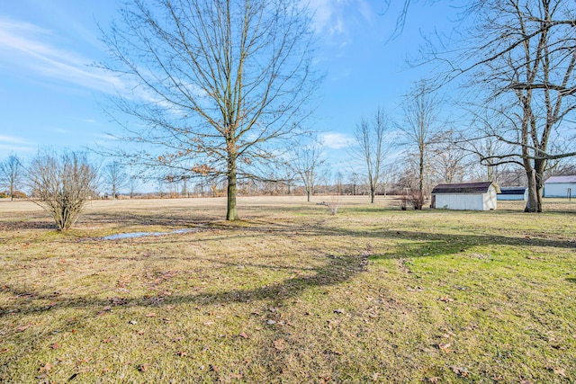 view of yard featuring a storage shed and an outbuilding