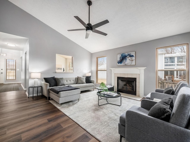 living area with dark wood-style flooring, a fireplace, and plenty of natural light