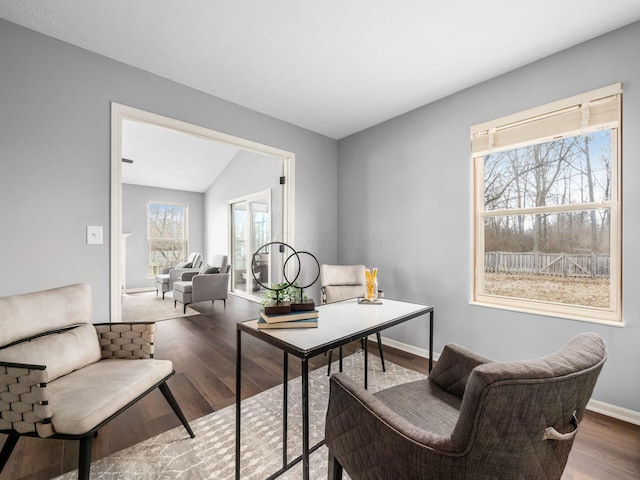 home office featuring baseboards, vaulted ceiling, and wood finished floors