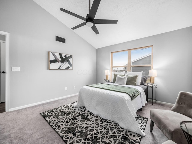 bedroom with a ceiling fan, carpet flooring, visible vents, and baseboards