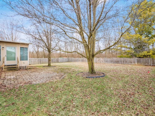 view of yard with entry steps, a fenced backyard, and a patio