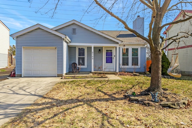 single story home featuring driveway, a porch, a chimney, and an attached garage