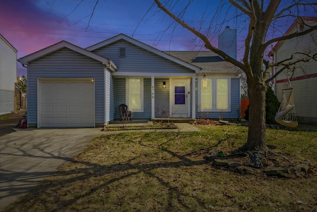 view of front of home featuring covered porch, a chimney, an attached garage, and concrete driveway