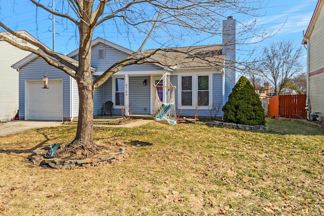 view of front of home featuring concrete driveway, a chimney, an attached garage, fence, and a front lawn