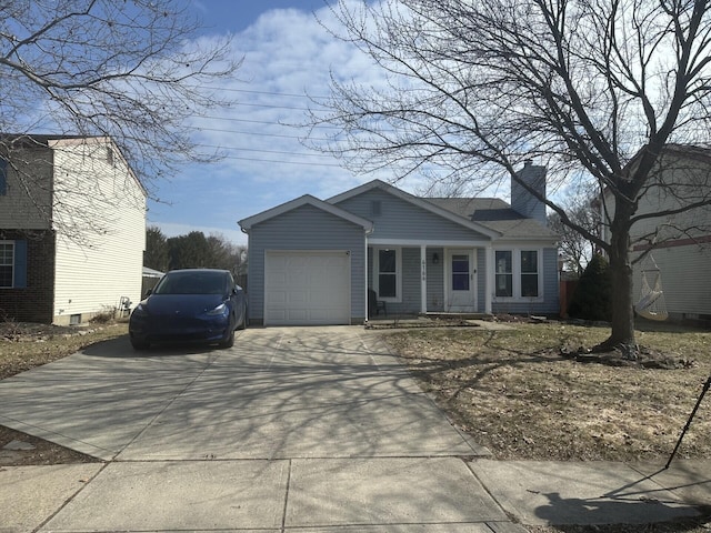 view of front facade featuring a porch, concrete driveway, a chimney, and an attached garage