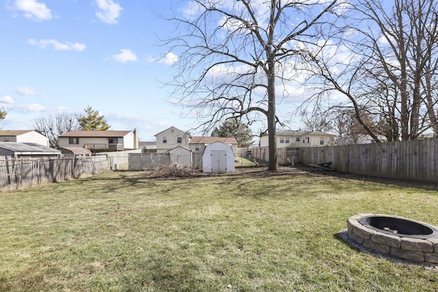 view of yard featuring a fire pit, a fenced backyard, and a residential view